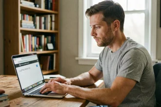 Homme accédant à l'interface d'administration de son routeur via l'adresse IP locale sur un ordinateur portable