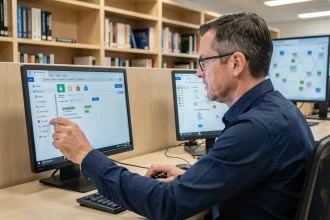 Administrateur universitaire configurant les paramètres de sécurité de la messagerie Zimbra sur un ordinateur de bureau