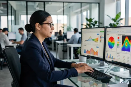 Analyste marketing étudiant des tableaux de bord de données utilisateurs sur deux écrans dans un bureau moderne