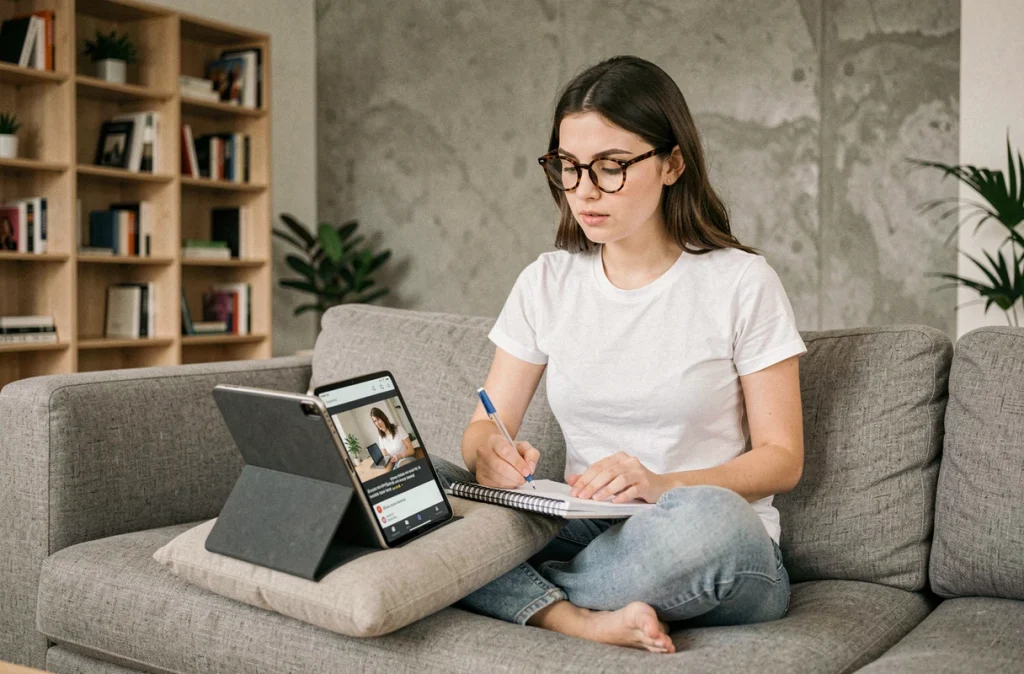Jeune femme regardant une vidéo de formation avec sous-titres sur une tablette et prenant des notes sur un canapé