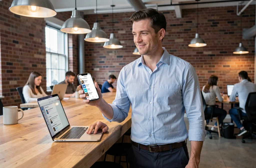 Entrepreneur masculin utilisant une application d'automatisation de réseaux sociaux dans un espace de coworking