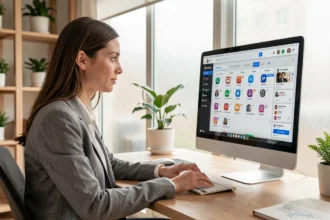 Femme professionnelle gérant un calendrier de publications sur les réseaux sociaux depuis son bureau à domicile