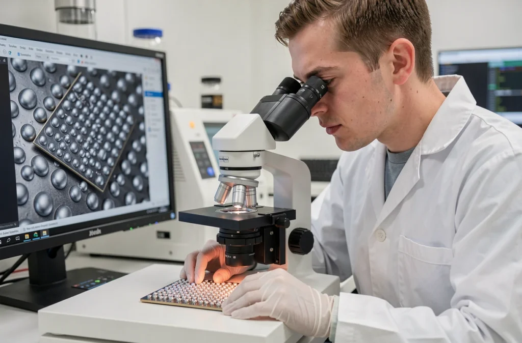 Technicien en salle blanche inspectant des billes de soudure SnAg sans plomb sur substrat UBM cuivre au microscope optique numérique, avec vue grossie des bumps sur le moniteur adjacent