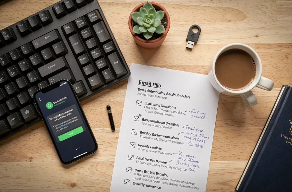 Vue aérienne d'un bureau avec checklist de sécurité email, clé USB et smartphone affichant un code d'authentification