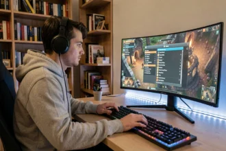 Joueur adulte choisissant un serveur de jeu médiéval fantasy sur son PC gaming dans un bureau cozy