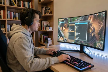 Joueur adulte choisissant un serveur de jeu médiéval fantasy sur son PC gaming dans un bureau cozy