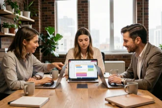 Trois collègues collaborant sur un même document Word partagé autour d'une table de réunion en open space moderne