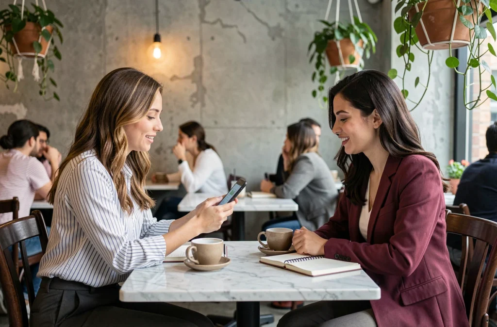 Deux femmes micro-influenceuses collaborant sur une stratégie de contenu autour d'un café, illustrant le travail d'équipe dans les campagnes de communication digitale