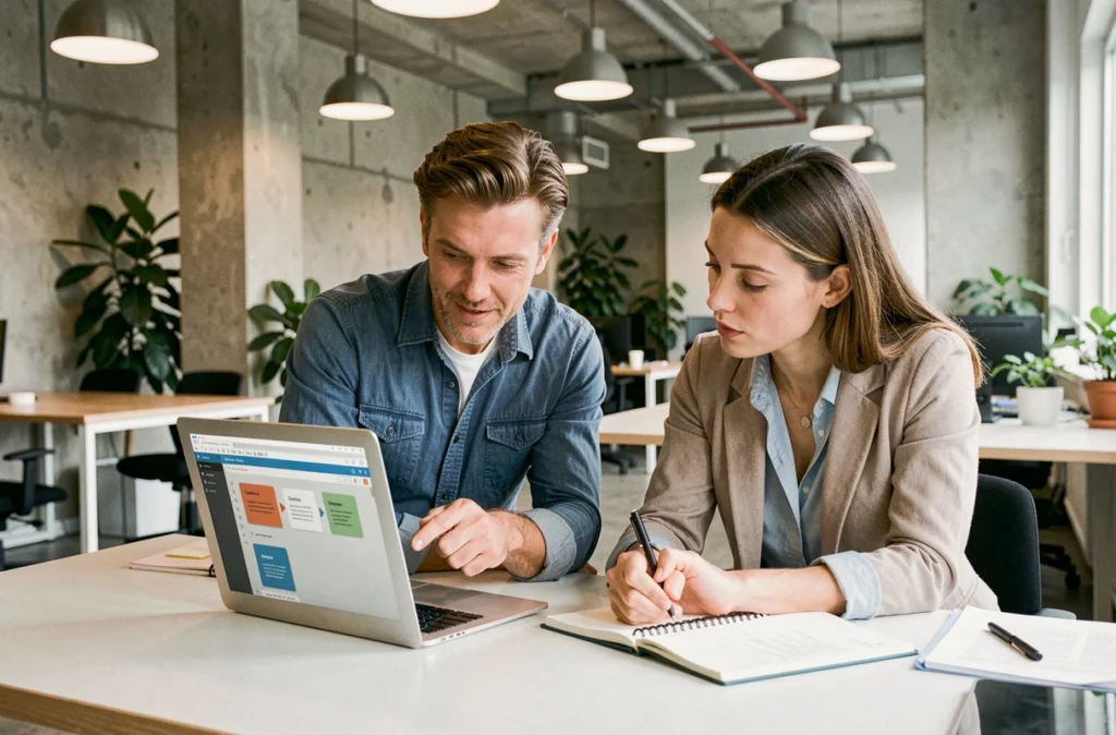 Deux collègues collaborant sur une présentation PowerPoint avec transitions dans un espace de coworking moderne