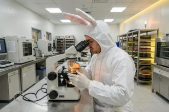 Ingénieur en salle blanche inspectant une tranche de silicium dans un environnement de fabrication microélectronique moderne, illustrant les technologies de métallisation sous les billes (UBM)