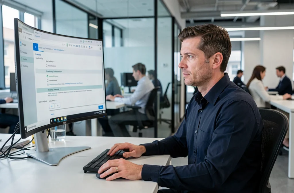Employé de l'éducation nationale configurant la redirection automatique du webmail dsden19 vers une adresse email personnelle depuis son bureau professionnel