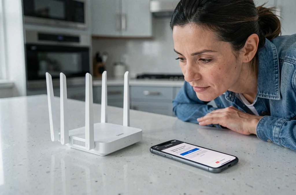 Femme configurant son routeur Wi-Fi depuis un smartphone posé sur un plan de travail de cuisine moderne