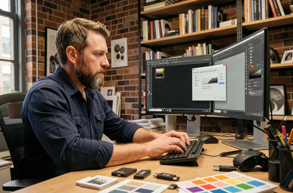 Graphiste masculin convertissant un fichier JFIF en JPEG dans GIMP sur un double écran dans un studio de design