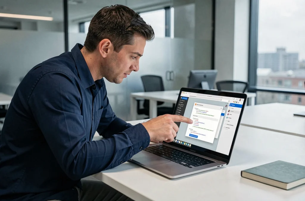 Développeur pointant une fenêtre popup dans un navigateur web sur ordinateur portable en espace de coworking