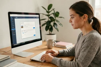 Développeuse web analysant une fenêtre popup sur son écran d'ordinateur dans un bureau moderne