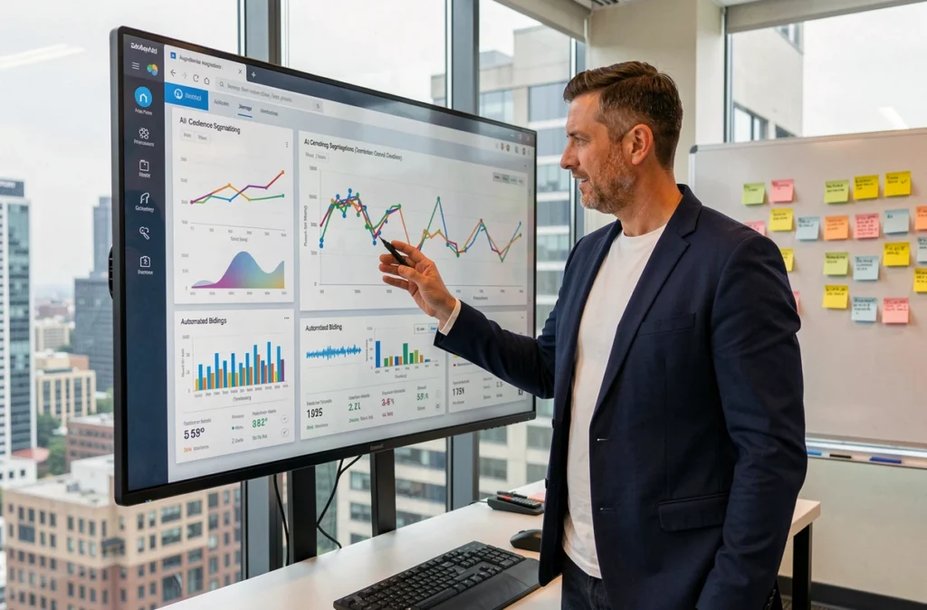 Directeur digital interagissant avec un écran tactile affichant des analyses de segmentation d'audience générées par intelligence artificielle dans un espace de travail moderne