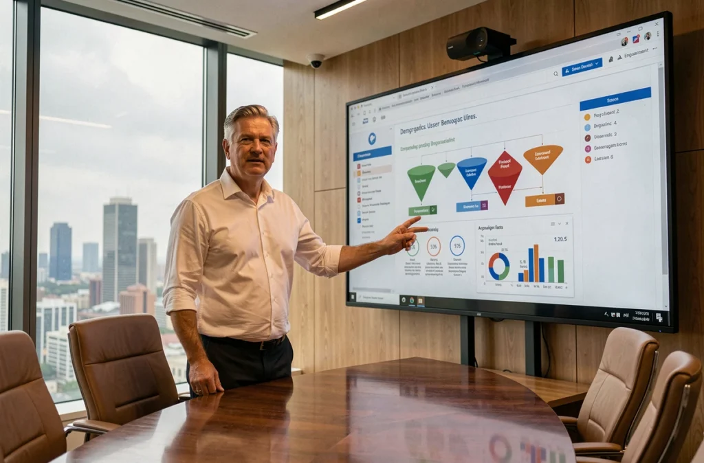Directeur marketing présentant une stratégie de données utilisateurs sur un écran mural interactif en salle de réunion