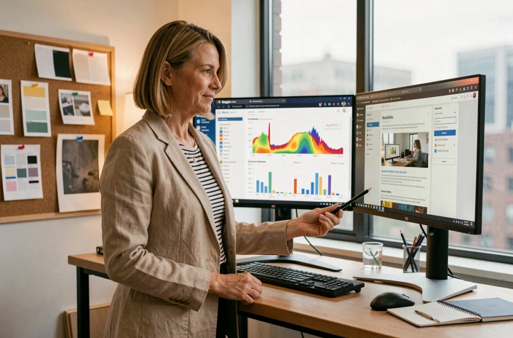 Une directrice créative analyse les performances d'une campagne de newsletter interactive dans un studio de design
