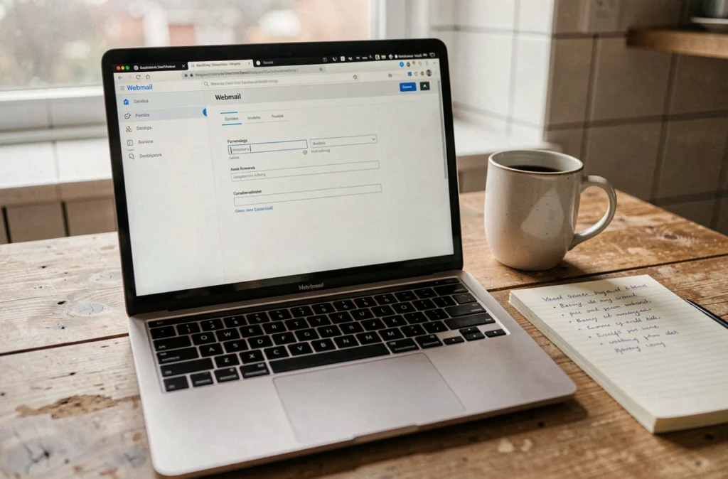 Écran d'ordinateur affichant les paramètres de redirection du webmail dsden19 vers une boîte mail personnelle, avec bloc-notes et café sur une table de cuisine