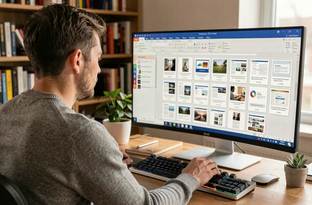 Homme travaillant sur des transitions PowerPoint depuis un bureau à domicile avec un écran ultrawide