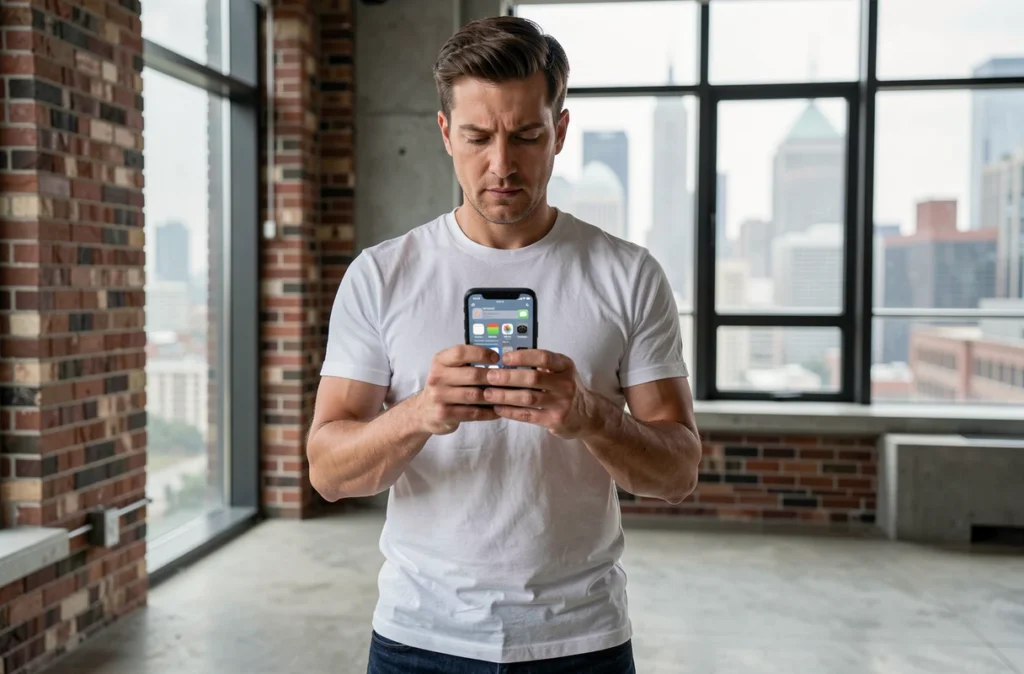 Homme consultant une application d'envoi de SMS masqué sur son téléphone en milieu urbain
