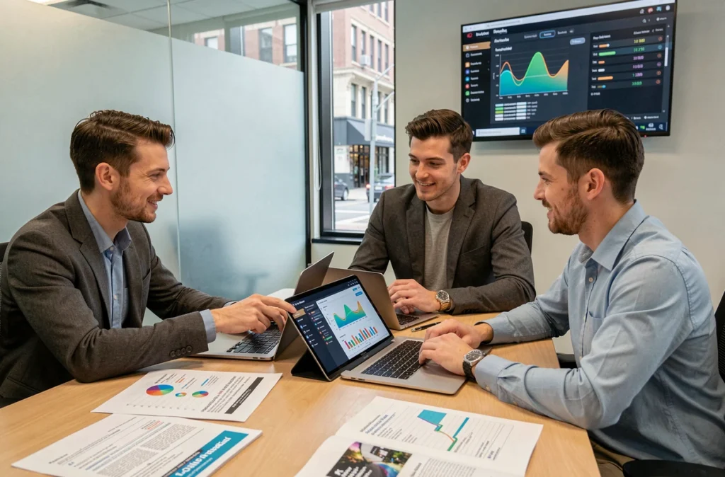 Équipe marketing collaborant autour d'une table de réunion avec des rapports de campagnes publicitaires gérées par intelligence artificielle affichés sur tablette et écran mural