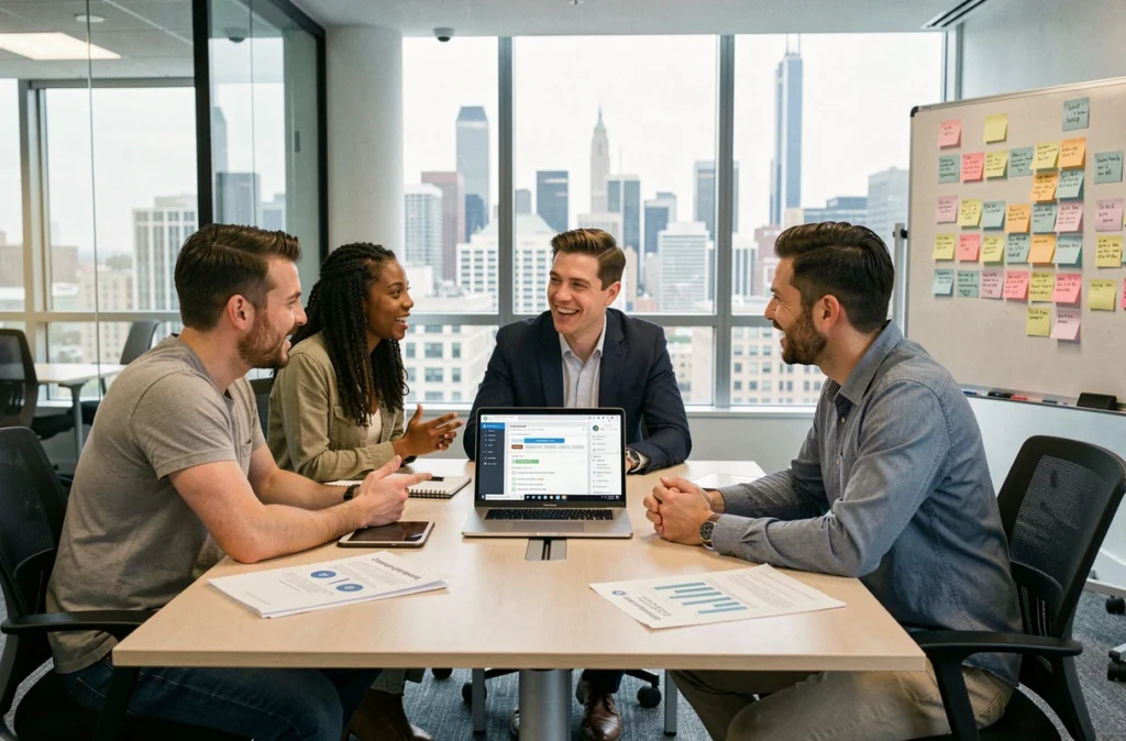 Équipe marketing diversifiée collaborant sur une stratégie de personnalisation d'emails avec des rapports d'engagement clients