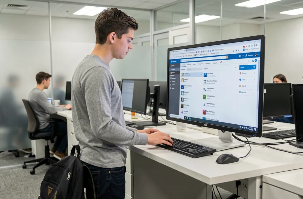 Étudiant masculin naviguant sur l'intranet Lyon 3 dans une salle informatique universitaire moderne