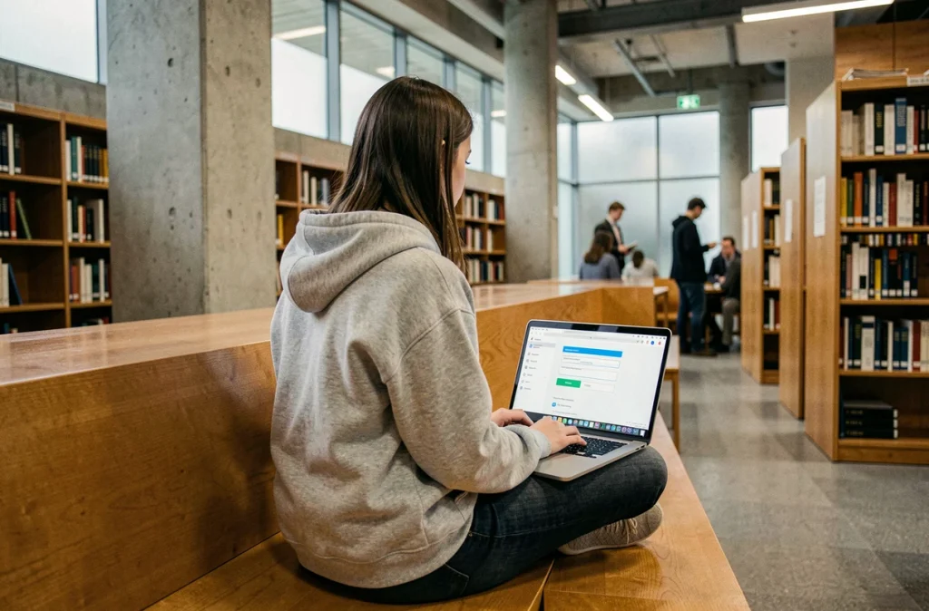 Étudiante universitaire sécurisant son compte de messagerie Zimbra sur un ordinateur portable en bibliothèque