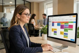 Professionnelle consultant un agenda partagé sur un écran d'ordinateur dans un open-space moderne pour organiser des réunions
