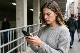 Femme inquiète regardant une alerte AirTag sur son iPhone dans une station de métro urbaine
