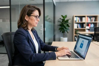 Femme professionnelle chiffrant des fichiers sensibles sur son ordinateur portable dans un bureau moderne