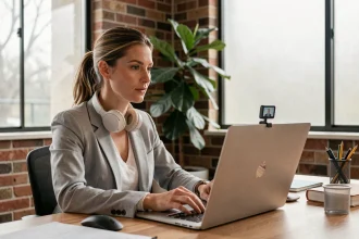 Femme enregistrant une vidéo de formation en ligne sur son ordinateur portable dans un bureau moderne à domicile