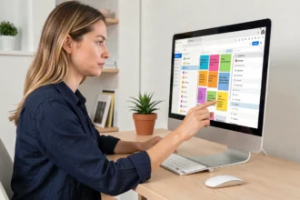 Femme organisant ses e-mails avec des filtres intelligents sur un écran d'ordinateur dans un bureau moderne