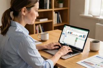 Femme professionnelle automatisant des rapports Excel sur un ordinateur portable dans un bureau moderne