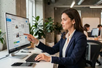 Femme professionnelle analysant des campagnes d'emails marketing personnalisés sur un écran d'ordinateur dans un bureau moderne
