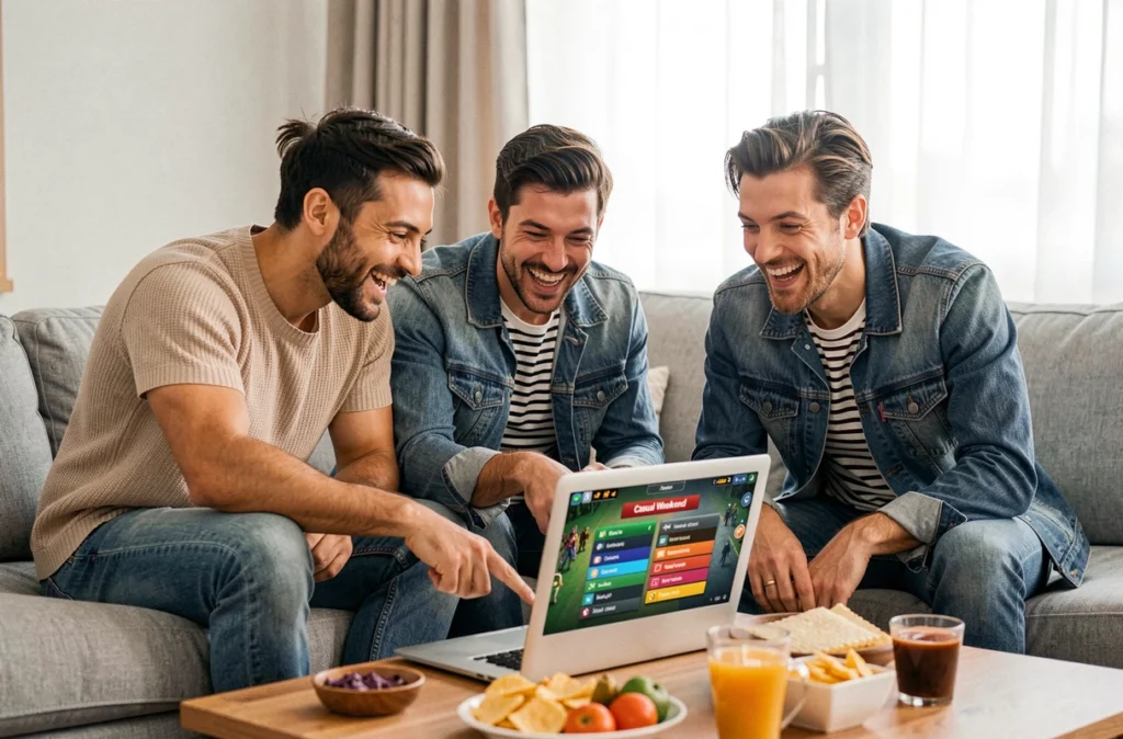 Groupe d'amis adultes en train de choisir un serveur fun ou sérieux sur un jeu multijoueur en salon