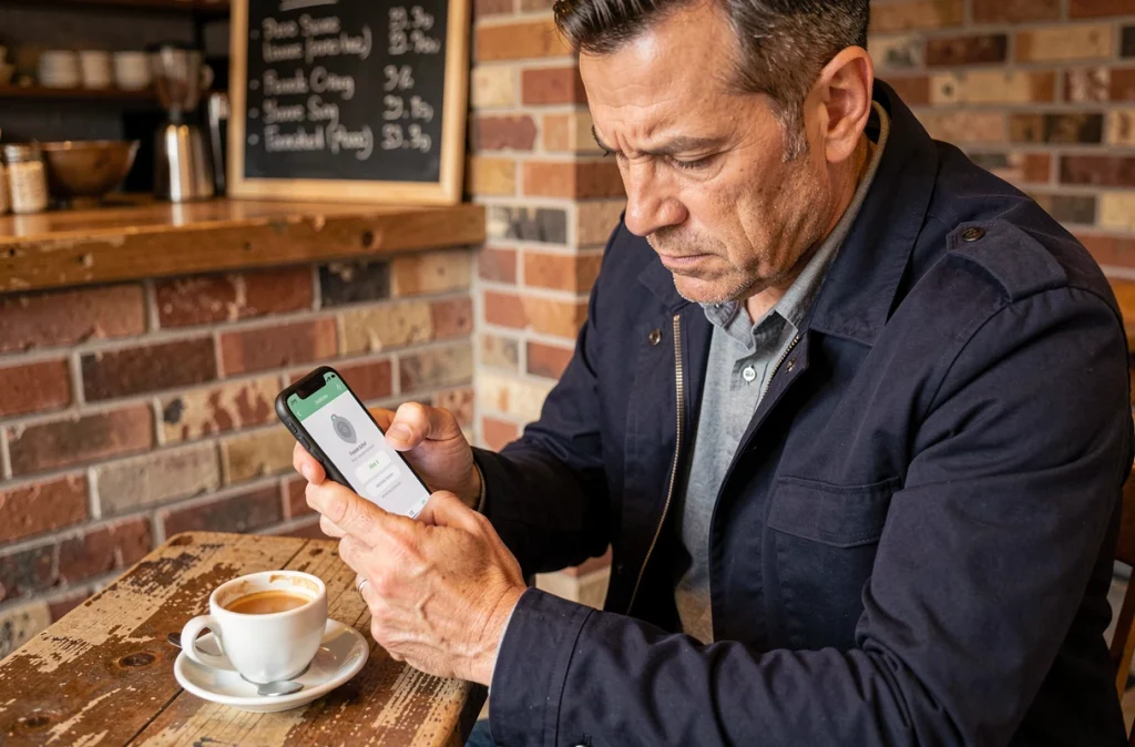Homme examinant une notification de détection AirTag sur son iPhone dans un café