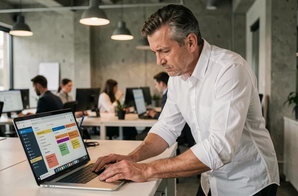 Homme consultant ses filtres d'e-mails sur un ordinateur portable dans un open space professionnel