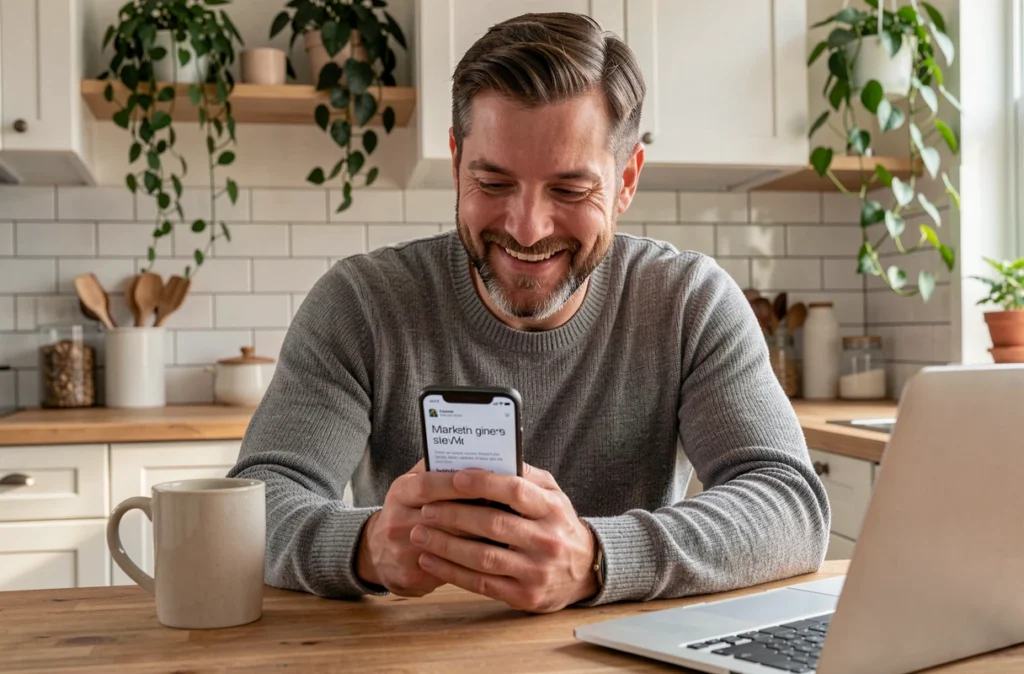 Homme souriant lisant un email marketing personnalisé sur son smartphone depuis son domicile avec une tasse de café