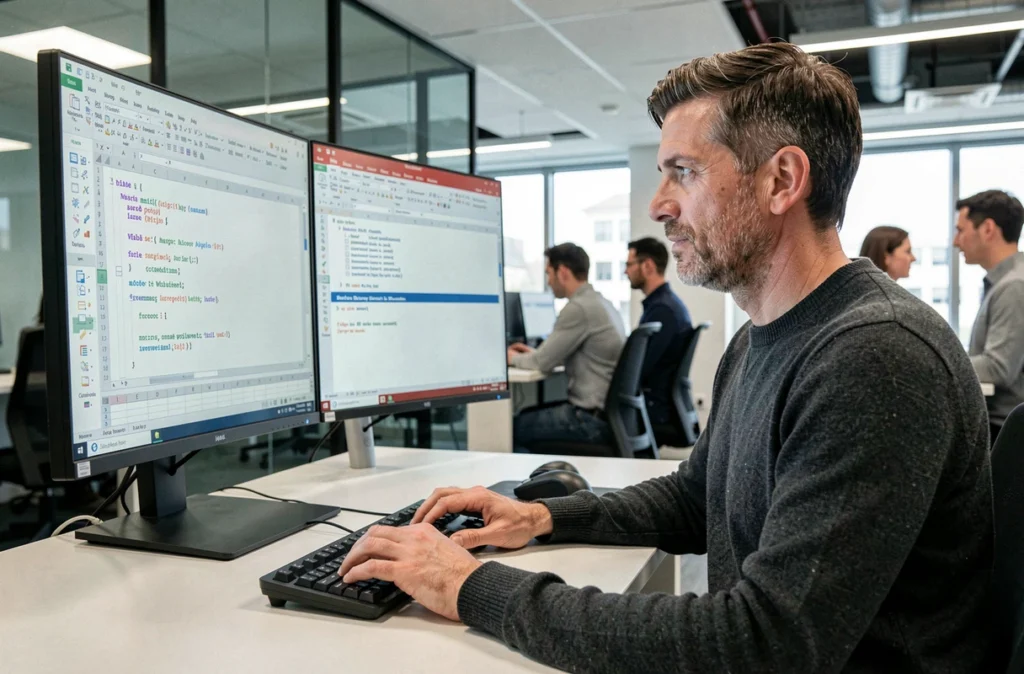 Homme programmant des macros VBA Excel sur double écran dans un open space de bureau