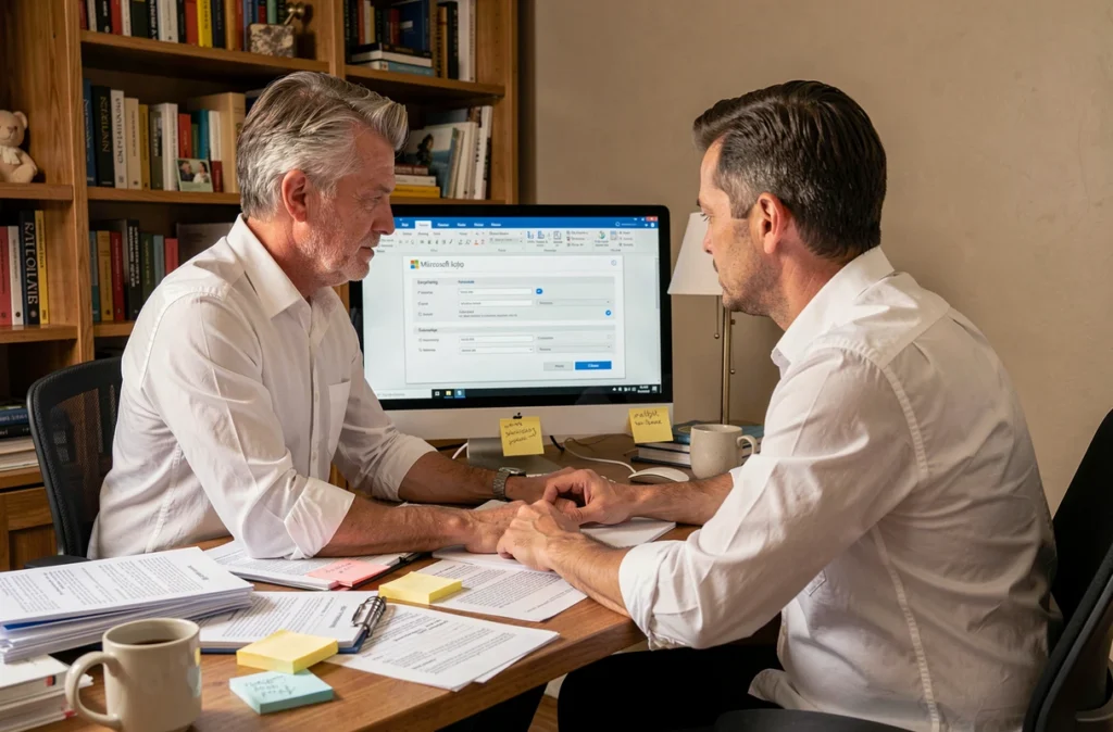 Homme paramétrant les options de chiffrement dans Microsoft Office sur un ordinateur de bureau à domicile