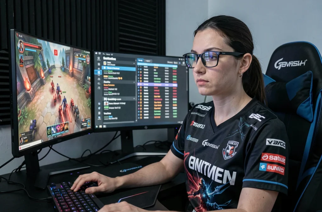 Joueuse professionnelle adulte sur un serveur full PVP compétitif avec double écran gaming