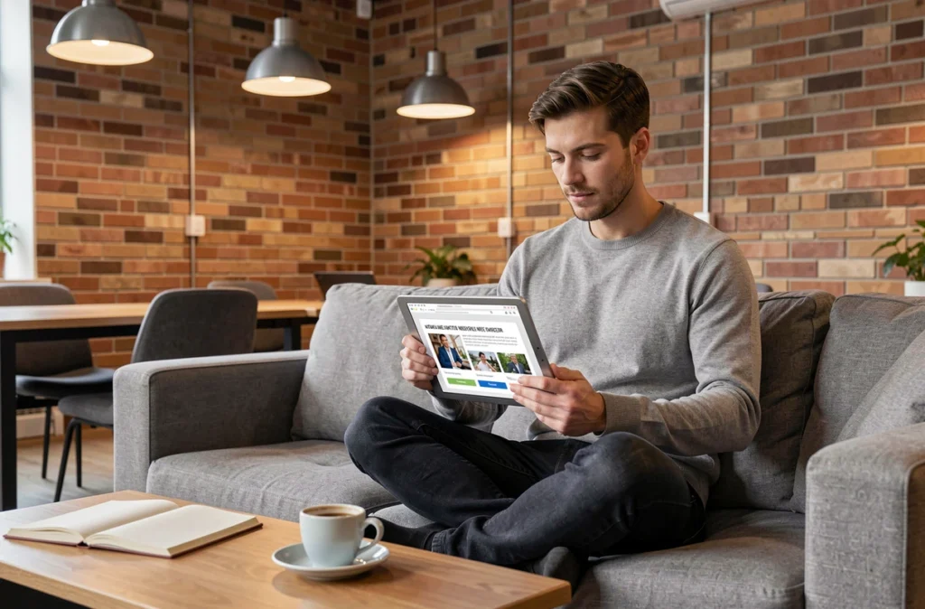 Un professionnel du marketing consulte une newsletter interactive sur tablette dans un espace de coworking