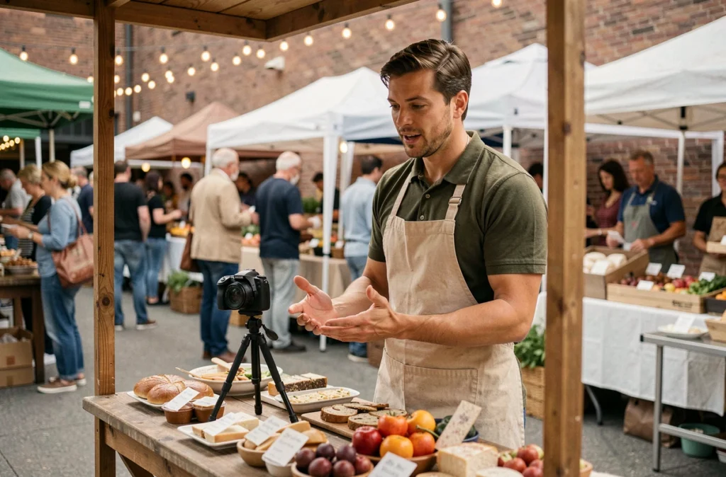 Micro-influenceur masculin filmant une vidéo de présentation de produits artisanaux sur un marché urbain, démontrant l'authenticité des campagnes de communication locales