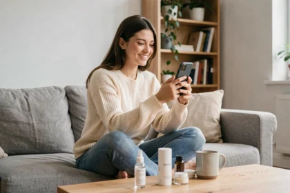 Jeune femme micro-influenceuse filmant un contenu authentique avec son smartphone dans un appartement cosy, illustrant les campagnes de communication via les réseaux sociaux