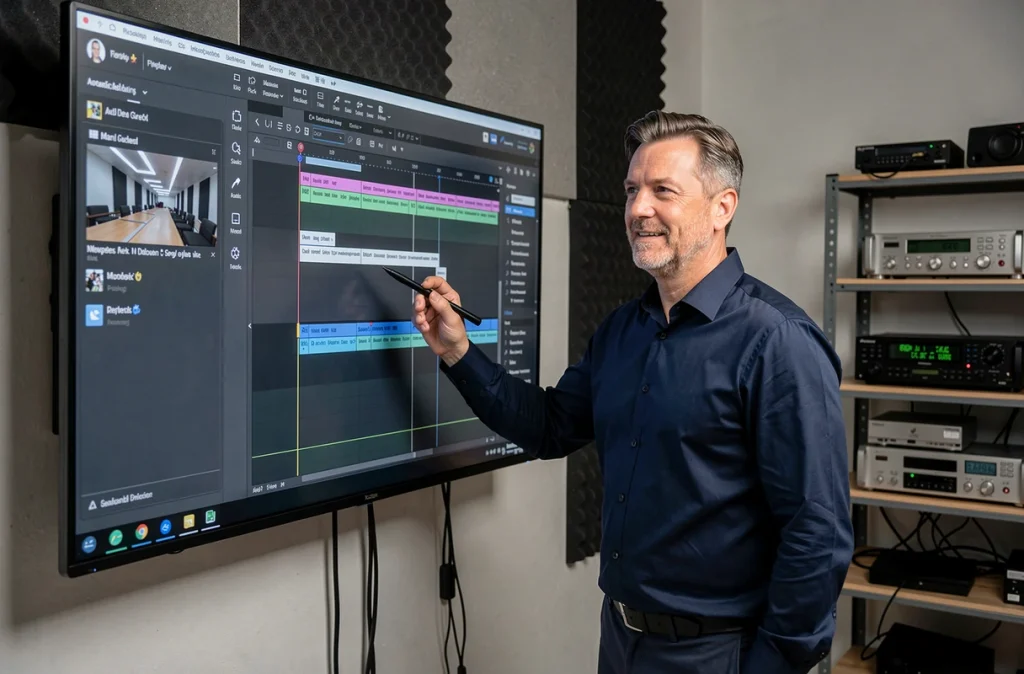 Professionnel de la formation pointant une interface de montage vidéo avec des sous-titres dans un studio équipé