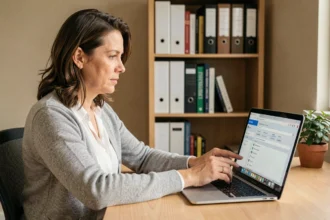 Femme paramétrant la redirection de sa messagerie académique dsden19 webmail vers sa boîte mail personnelle sur un ordinateur portable
