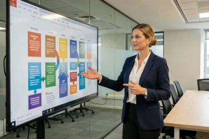 Femme professionnelle présentant des diapositives PowerPoint avec transitions animées dans une salle de conférence moderne