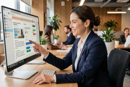 Une professionnelle consulte une newsletter interactive sur son écran d'ordinateur dans un bureau moderne en 2024